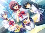  3girls black_hair blue_eyes blush collar food game_cg goshujinsama_daisuki kuu_spitfire long_hair multiple_girls murakumo_sakura red_eyes red_hair school_uniform shishiouin_hime silver_hair yellow_eyes 