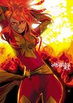  1girl bodysuit boots costume dark_phoenix explosion fire flame gloves jean_grey jinbei long_hair marvel orange_hair pink_eyes solo x-men 