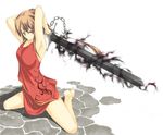  1girl amagi_mist barefoot blade brown_hair chains character_request female kneeling long_hair magic original red_eyes simple_background solo sword weapon white_background 