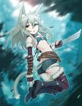  animal_ears belt boots cat_ears cat_tail claw_(weapon) grey_hair knee_boots loose_belt midriff mofu original shorts solo tail thighhighs weapon yellow_eyes 