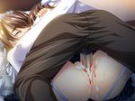  1girl aqua_eyes bed blood blush brown_hair clothed_sex game_cg glasses goshujinsama_daisuki ichijou_ema maid penis sex uncensored vaginal virgin yatsuha_kanan 