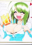  ^_^ absurdres alcohol beer beer_mug black_bra blush bra breasts bursting_breasts cleavage closed_eyes cup drunk green_hair heart highres holding holding_cup kazami_yuuka lace lace-trimmed_bra large_breasts mattari_yufi mug open_mouth shikishi short_hair smile solo touhou traditional_media underwear upper_body 