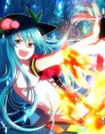  :d apron bad_id bad_pixiv_id blue_hair fire food fruit hat hinanawi_tenshi long_hair open_mouth peach red_eyes ribbon smile smirk smug solo sword sword_of_hisou tayashigu_(suisyounohosizora) touhou v-shaped_eyebrows weapon 