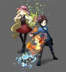  1girl bad_id bad_pixiv_id bag black_legwear blonde_hair blue_eyes boots brown_hair calme_(pokemon) chespin copyright_name fennekin fire flower froakie gen_6_pokemon goggles goggles_on_headwear hand_on_hip hat leaf long_hair one_eye_closed pantyhose pleated_skirt poke_ball pokemon pokemon_(creature) pokemon_(game) pokemon_xy serena_(pokemon) short_hair shoulder_bag skirt sleeveless smile standing ume_(plumblossom) very_long_hair watch water wristwatch 