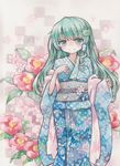  checkered checkered_background colored_pencil_(medium) flower frog_hair_ornament green_eyes green_hair hair_ornament japanese_clothes kimono kochiya_sanae long_hair millipen_(medium) moyo_(k1rakira) smile snake_hair_ornament solo touhou traditional_media watercolor_(medium) 