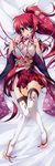  absurdres appare!_tenka_gomen barefoot blue_eyes breasts dakimakura full_body hair_ornament hairpin highres japanese_clothes katagiri_hinata katana kimono large_breasts legs mouth_hold pleated_skirt red_hair ribbon scan skirt solo sword thighhighs toe_scrunch toeless_legwear tokugawa_yoshine wakizashi weapon white_legwear 