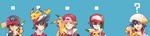  5boys ? baseball_cap black_hair blue_background brown_eyes brown_hair crossover fingerless_gloves gen_1_pokemon gloves hat highres huan_li long_image multiple_boys multiple_persona pikachu pokemon pokemon_(anime) pokemon_(creature) pokemon_(game) pokemon_+_nobunaga_no_yabou pokemon_frlg pokemon_rgby pokemon_special red_(pokemon) red_(pokemon_frlg) red_(pokemon_rgby) red_eyes satoshi_(pokemon) sengoku_musou takenaka_hanbee_(sengoku_musou) upper_body wide_image yawning 