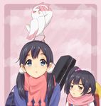  :o animal animal_on_head bad_id bad_pixiv_id bag bird bird_on_head black_hair blue_eyes blush brown_eyes dera_mochimazzui hair_bobbles hair_ornament kitashirakawa_anko kitashirakawa_tamako long_hair low_twintails melsy multiple_girls on_head one_side_up open_mouth scarf school_bag siblings sisters tamako_market twintails 