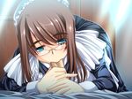  1girl aqua_eyes blush brown_hair fellatio game_cg glasses goshujinsama_daisuki ichijou_ema maid oral penis uncensored yatsuha_kanan 