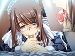  1boy 1girl aqua_eyes blush brown_hair fellatio game_cg glasses goshujinsama_daisuki ichijou_ema indoors maid oral penis uncensored yatsuha_kanan 