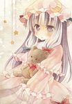  bow capelet crescent dress hair_bow hat kagome_f long_hair patchouli_knowledge purple_eyes purple_hair ribbon solo star stuffed_animal stuffed_toy teddy_bear touhou traditional_media watercolor_(medium) 