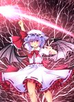  arm_up bat_wings blue_hair blush bow fang hat hat_ribbon highres lightning looking_at_viewer magic_circle pointing pointing_up pointy_ears puffy_sleeves red_eyes remilia_scarlet rena_(riries) ribbon short_sleeves skirt skirt_set solo spear_the_gungnir touhou wind wind_lift wings wrist_cuffs 