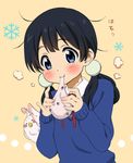  bird black_hair blue_eyes blush dera_mochimazzui eating food holding holding_food kitashirakawa_tamako long_hair low_twintails mochi mole mole_on_neck mouth_hold pulling smile sugise_satoshi tamako_market twintails wagashi 