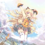  ;d absurdres animal_ears armpits arms_up bare_shoulders bird blonde_hair blue_eyes cat_ears city cloud dove dutch_angle fake_animal_ears hair_ornament headset highres jumping long_hair looking_at_viewer north_abyssor one_eye_closed open_mouth panties pantyshot seeu skirt sky smile solo thighhighs underwear vocaloid white_legwear white_panties zettai_ryouiki 