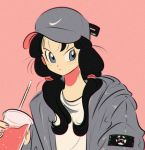  1girl bangs baseball_cap black_hair blue_eyes cup dragon_ball dragonball_z drink drinking_straw grey_hat grey_jacket hat holding holding_cup jacket long_hair moricky pink_background serious simple_background solo twintails upper_body videl 