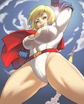  bad_id bad_pixiv_id belt blonde_hair blue_eyes breasts cape cleavage cleavage_cutout cloud day dc_comics gloves highleg highleg_leotard large_breasts leotard lips maou_alba power_girl rocket sky solo thick_thighs thighs 
