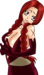  1girl breasts cleavage fairy_tail flare_corona gloves highres large_breasts long_hair red_eyes red_hair scar solo tattoo tattooed_breast 