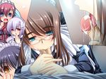  1boy 4girls aqua_eyes blush brown_hair fellatio game_cg glasses goshujinsama_daisuki ichijou_ema kuu_spitfire maid multiple_girls murakumo_sakura oral penis shishiouin_hime uncensored yatsuha_kanan 