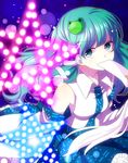  bad_id bad_pixiv_id bare_shoulders breasts covering_mouth danmaku detached_sleeves frog_hair_ornament gohei green_eyes green_hair hair_ornament kochiya_sanae long_hair medium_breasts snake_hair_ornament solo star tayashigu_(suisyounohosizora) touhou 