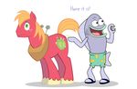  big_macintosh_(mlp) black_eyes butt crossover cutie_mark english_text equine feral fish friendship_is_magic fur green_eyes hair horse humor male mammal marine my_little_pony nannurs orange_hair parody plain_background pony purple_skin quarter red_fur scooter_rechid spongebob_squarepants swimsuit text white_background yoke 