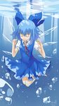  barefoot blue_eyes blue_hair bow bsdl2540 child cirno closed_eyes dress hair_bow highres ice ice_wings ribbon short_hair smile solo touhou underwater water wings 