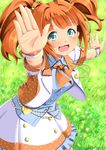  armpit_peek bow brown_hair cowboy_shot cropped_jacket grass green_eyes hair_bow hand_up idolmaster idolmaster_(classic) idolmaster_shiny_festa miri_(ago550421) open_mouth polka_dot short_twintails smile solo takatsuki_yayoi twintails wristband 