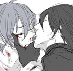  2boys akira_(togainu_no_chi) black_hair blood lick licking lowres male male_focus male_only multiple_boys nitroplus shiki_(togainu_no_chi) short_hair silver_hair togainu_no_chi 