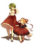  ascot bad_id bad_pixiv_id blonde_hair bow breasts child closed_eyes closed_umbrella green_hair hair_ribbon hand_in_hair height_difference kazami_yuuka large_breasts medicine_melancholy multiple_girls open_clothes open_mouth open_vest outstretched_arms pink_usagi puffy_sleeves red_eyes ribbon shirt short_hair short_sleeves skirt skirt_set smile touhou umbrella vest walking 
