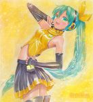  alternate_hairstyle aqua_hair artist_name elbow_gloves fingerless_gloves gloves green_eyes hair_ribbon hand_on_hip hatsune_miku headset long_hair mayo_riyo midriff open_mouth ponytail project_diva project_diva_(series) ribbon skirt solo thighhighs traditional_media very_long_hair vocaloid zettai_ryouiki 