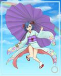  2013 :p ahoge alternate_costume alternate_hairstyle blue_eyes blue_hair cloud floral_print flower hair_flower hair_ornament heterochromia japanese_clothes karakasa_obake kimono kitano_(kitanosnowwhite) looking_at_viewer new_year obi purple_umbrella rainbow red_eyes sash short_hair sky smile solo tatara_kogasa tongue tongue_out touhou umbrella 