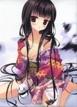  :&lt; :3 absurdres arikawa_satoru barefoot black_hair blush breasts cleavage copyright_request floral_print hair_flowing_over highres japanese_clothes kimono kimono_pull long_hair medium_breasts red_eyes sitting snowman solo very_long_hair wariza |_| 