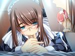  1boy 1girl aqua_eyes blush brown_hair fellatio game_cg glasses goshujinsama_daisuki ichijou_ema indoors maid oral penis uncensored yatsuha_kanan 