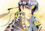  agahari eyepatch gensou_suikoden gensou_suikoden_v georg_prime headband male_focus purple_hair solo sword weapon yellow_eyes 