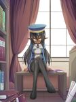  black_hair blush crossed_legs dark_skin desk dream_demon elf hat long_hair looking_at_viewer military military_uniform miniskirt necktie no_shoes on_desk orange_eyes original pantyhose peaked_cap pointy_ears sitting sitting_on_desk skirt smile solo uniform yellow_eyes 