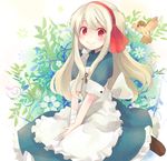  bandages bird blonde_hair floral_background hairband hands_together isegawa_yasutaka kagerou_project key kozakura_marry long_hair looking_at_viewer red_eyes sitting smile solo vocaloid 