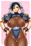  1girl black_hair blue_eyes bodysuit bracelet breasts bun_cover cameltoe capcom chun-li dress hands_on_hips hips huge_breasts jewelry kazutani_ninshi nipples open_mouth pantyhose shirt_lift short_hair spiked_bracelet spikes street_fighter thigh_gap thighs wadani_hitonori wedgie 