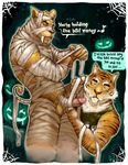  anthro balls biceps cloth clothing dialog duo english_text erection feline gay halloween holidays humanoid_penis humor jack_o&#039;_lantern jack_o'_lantern male mammal mummy muscles penis pink_penis pockyrumz pumpkin saber_tooth_tiger shirt sleeveless_shirt smilodon tank_top text tiger undead 