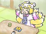  arms_up blonde_hair closed_eyes cup dress fox_tail hands happy hat long_sleeves mikashimo multiple_tails open_mouth pink_dress plate short_hair sitting smile tabard table tail tatami teacup touhou wide_sleeves yakumo_ran 