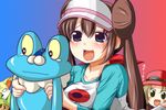  2girls blonde_hair blue_eyes blush blush_stickers breasts brown_hair chespin collarbone double_bun female_protagonist_(pokemon_xy) fennekin froakie frog goggles hanging happy hat mei_(pokemon) multiple_girls nintendo nishi_koutarou open_mouth pokemon pokemon_(game) pokemon_bw2 pokemon_xy raglan_sleeves serena_(pokemon) shiny shiny_skin tongue visor_cap 