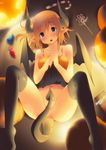  black_legwear blonde_hair blue_eyes camisole candy candy_cane demon_horns demon_tail demon_wings food halloween highres horns jack-o'-lantern lollipop looking_at_viewer majima_yuki navel no_panties no_shoes open_mouth original short_hair skirt skirt_lift solo swirl_lollipop tail tail_censor thighhighs wings 