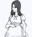  alice:_madness_returns alice_(wonderland) alice_in_wonderland american_mcgee's_alice apron bb_(baalbuddy) black_hair breasts dress hand_on_another's_stomach jewelry long_hair monochrome necklace omega_symbol pregnant sketch solo sweatdrop 
