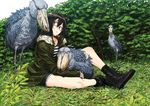  bird black_hair boots forest glasses jacket kawazu nature original shirt shoebill short_shorts shorts sitting striped striped_shirt 