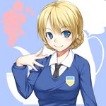  black_neckwear blonde_hair blue_eyes blue_sweater blush braid darjeeling dress_shirt emblem girls_und_panzer h_kasei highres lips long_sleeves necktie school_uniform shirt short_hair smile solo st._gloriana's_(emblem) st._gloriana's_school_uniform sweater teapot tied_hair twin_braids upper_body v-neck white_shirt 