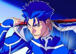  blue_hair earrings fate/stay_night fate_(series) gae_bolg jewelry kon_manatsu lancer long_hair male_focus polearm ponytail solo spear weapon 