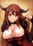  breasts brown_hair bursting_breasts choker cleavage demon_horns dress fur_trim holding holding_hair horns huge_breasts k2isu long_hair maou_(maoyuu) maoyuu_maou_yuusha parted_lips red_eyes red_hair simple_background smile solo striped striped_dress 
