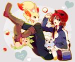  :o bad_id bad_pixiv_id bag baseball_cap black_eyes blue_eyes blush boots brown_eyes brown_hair calme_(pokemon) chespin copyright_name creature fennekin froakie gen_6_pokemon hat hat_tip heart highres long_sleeves nicole_(usako) one_eye_closed orange_eyes poke_ball poke_ball_(generic) pokemon pokemon_(creature) pokemon_(game) pokemon_xy short_hair smile sunglasses tail 