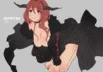  all_fours bad_id bad_pixiv_id bare_legs breasts character_name choker cleavage copyright_name demon_horns fake_horns grey_background hands_on_own_knees hanging_breasts horns large_breasts light_smile long_hair looking_up maou_(maoyuu) maoyuu_maou_yuusha pincorosium red_eyes red_hair solo 
