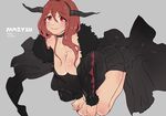  1girl all_fours bad_id bad_pixiv_id bare_legs breasts character_name choker cleavage copyright_name demon_horns fake_horns grey_background hands_on_own_knees hanging_breasts horns large_breasts light_smile long_hair looking_up maou_(maoyuu) maoyuu_maou_yuusha pincorosium red_eyes red_hair solo 