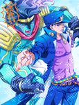  bad_id bad_pixiv_id blue_hair chain copyright_name dororosso fingerless_gloves gakuran gloves green_eyes hat jojo_no_kimyou_na_bouken kuujou_joutarou long_coat long_hair multiple_boys pointing school_uniform stand_(jojo) star_platinum stardust_crusaders 