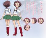  blouse boots bow bowtie brown_eyes brown_hair character_sheet choker concept_art detached_collar expressions eyepatch food fruit girls_und_panzer green_skirt hair_pulled_back hairband knee_boots looking_at_viewer microskirt midriff momogaa navel official_art ooarai_school_uniform peach pink_hairband pleated_skirt red_footwear school_uniform serafuku short_hair short_sleeves skirt smile sugimoto_isao white_blouse 